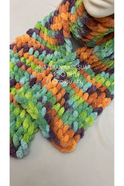 Haziran Accessory 100% Puffy Soft Hand Knitted, Unisex Scarf (Green, Orange T...
