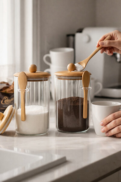 Paşabahçe 2'li 1000ml Bambu Kapaklı Kaşıklı Vakumlu Cam Kavanoz Seti-Mutfak D...