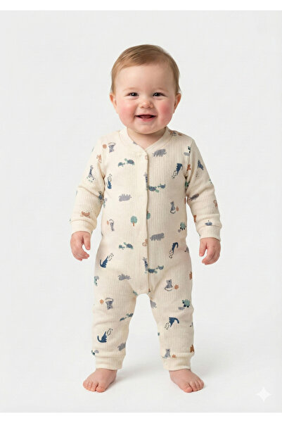 Nayinom %100 Pamuk Yumuşak Dokulu Raporlu Kumaş Safari Desenli Erkek Bebek Tulum