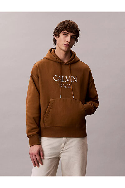 Calvin Klein Men's Hooded Collar Calvin Font Pattern Long Sleeve Pocket Detail Brown Sweatshirt Lv04Re207G-2E3
