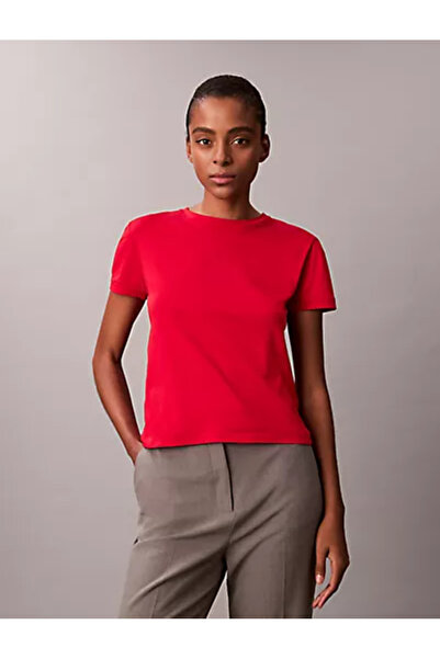 Calvin Klein Women's Regular Fit Round Neck Cotton Short Sleeve Red T-Shirt Lv044E205G-Vmt
