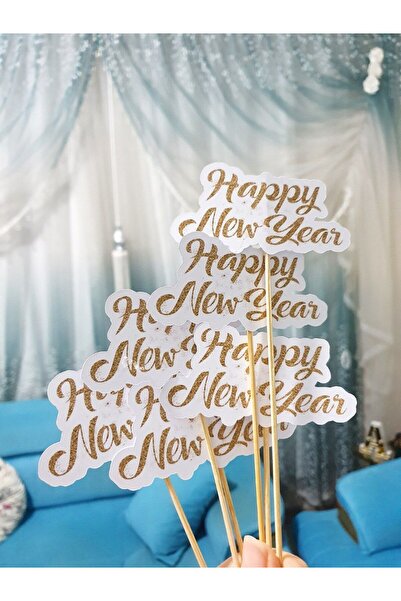 Alaa Butik Online Happy New Year Toothpick Cake Topper Gold White Cardboard S...