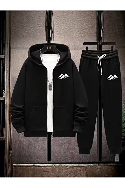CLASSY.MODA Men's Hooded Zippered Minimal Mountain Printed Day Casual Tracksuit Set