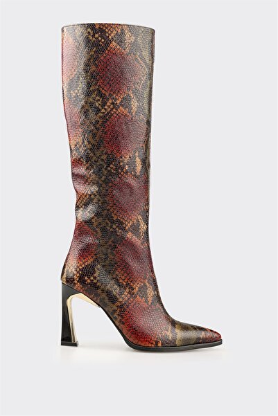 Elle Shoes Kahve Hayvan Desenli Deri Kadın Çizme
