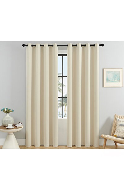 L&Wen Solid Blackout Curtains, Drapes Grommet Room Darkening Curtains (Beige (2 Panel) 140cm X 220cm)
