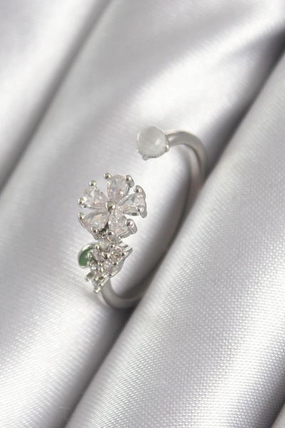 shopwave خاتم نسائي نحاسي فضي اللون مرصع بحجر الزركون على شكل زهرة - TJ-BYK3048