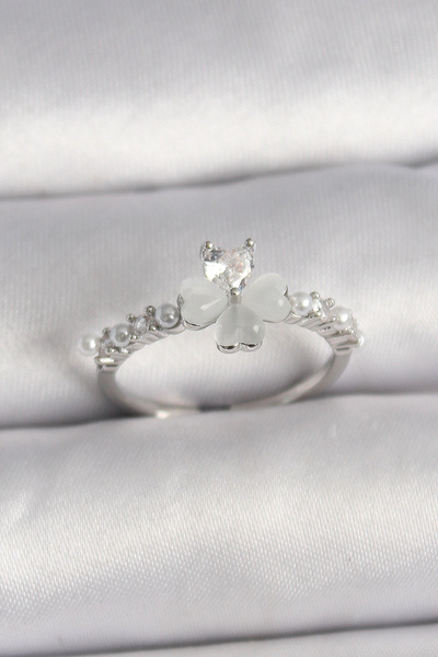 shopwave خاتم نحاسي فضي اللون بحجر الزركون البرسيم موديل لؤلؤي قابل للتعديل -...