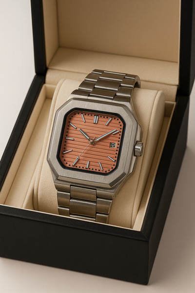 pierrose Erkek Kol Saati Kare Kasa Çelik Kordon Turuncu Kadran Quartz Takviml...