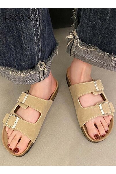 RIOXS أحذية نسائية مسطحة، صنادل مسطحة مريحة من جلد الغزال، صنادل من لين بنعل ...