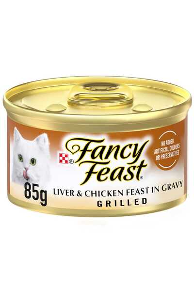 Fancy Feast وجبة شهية من الكبد المشوي والدجاج في مرق اللحم، طعام فاخر للقطط، لذيذ ومغذٍ!
