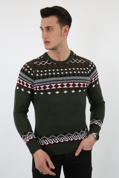 buğrahayalin Mixed Patterned Green Thick Winter Casual Knitwear Sweater