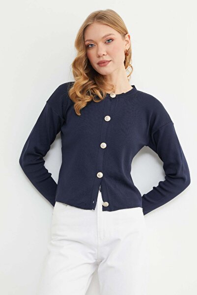 Fulla Moda Basic Buttoned Crew Neck Knit Cardigan