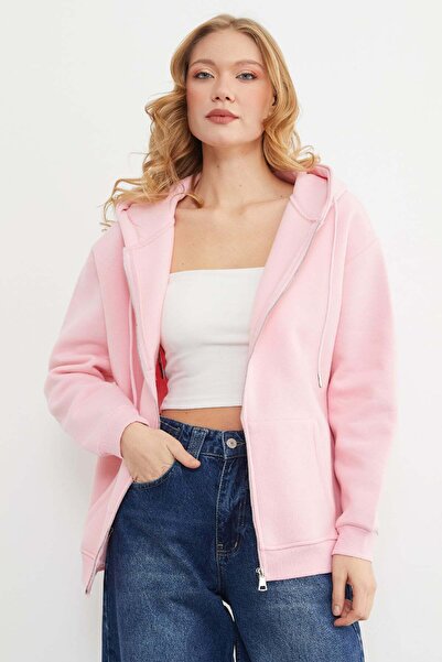 Fulla Moda Basic Zippered Hooded Oversize Sweatshirt