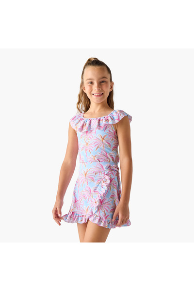 Juniors طقم ملابس سباحة بطبعة أشجار النخيل مع تفاصيل الكشكشة والتنورة