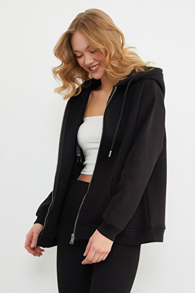Fulla Moda Basic Fermuarlı Kapüşonlu Oversize Sweatshirt