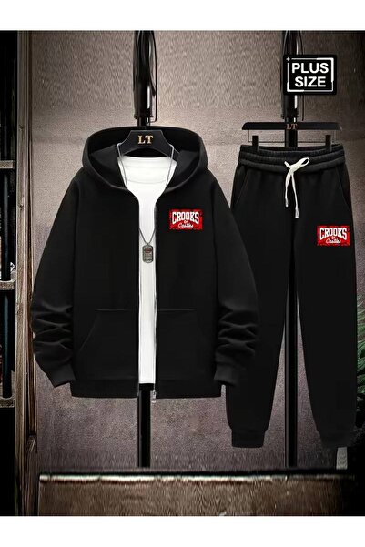 CLASSY.MODA Men's Hooded Zippered Logo Printed Street Tracksuit Set