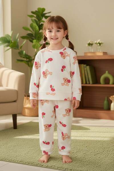 Fulla Moda Σετ πιτζάμες για κορίτσια με μοτίβο αρκουδάκι με λαιμόκοψη από φλις