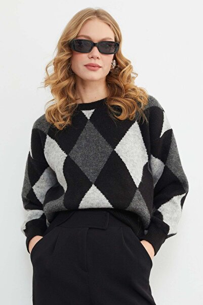 Fulla Moda Diamond Patterned Crew Neck Knitwear Sweater