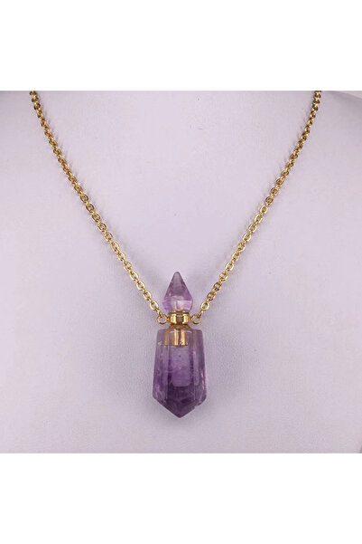 Choice قلادة من حجر الجمشت الطبيعي على شكل زجاجة عطر، بتصميم موشور مصقول، ونق...