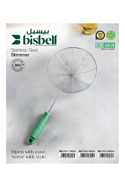 Bisbell Solo Green 16cm Stainless Steel Skimmer - Durable 304 Grade Mesh Strainer, BB3762