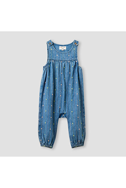 Juniors Embroidered Denim Sleeveless Dungarees with Snap Button Closure