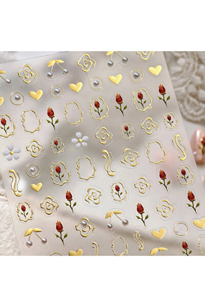 NAILFYOU TL365 5D Gold Stamping Tulip Flower Jelly Nail Art Sticker Romantic Irregular Frame Pearl Bows Love