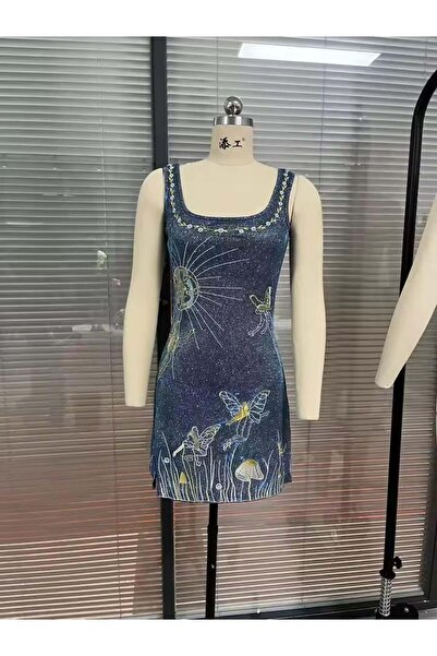 theanemos Parıltılı Lacivert Gece Elbisesi