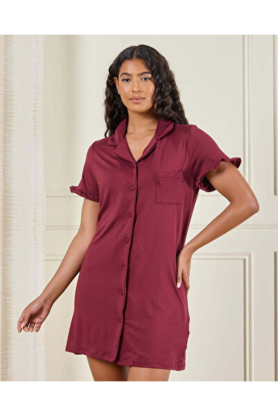 REDTAG Women Purple Plain Collared Nightshirt