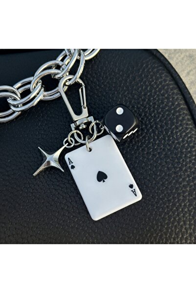 Choice Black Poker Bag Charm Playing Card Acrylic Dice Keychain with Star Pen...