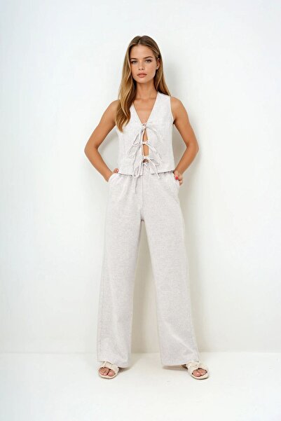 Trend Alaçatı Stili Women's Cream Vest and Trousers Linen Suit Vs00116
