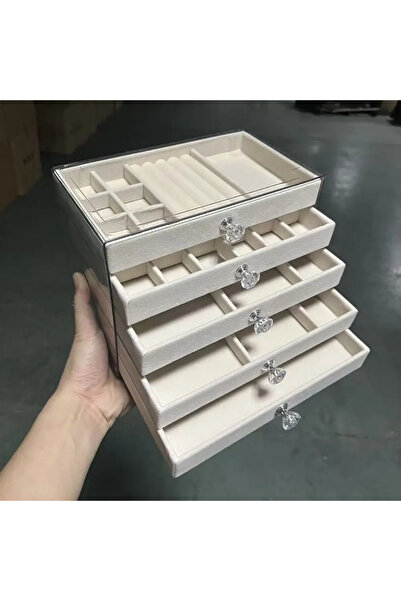 Choice علبة مجوهرات رمادية أنيقة متعددة الطبقات ذات سعة كبيرة باللون البيج، م...