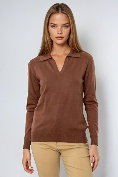 VAGGON Women's Brown Polo Neck Long Sleeve Blouse Vs00959