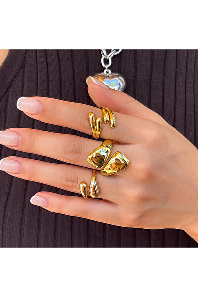 Choice مجموعة خواتم إنجيمارك الذهبية اللون، 3 قطع/طقم، بتصميم بانك ناعم على ش...