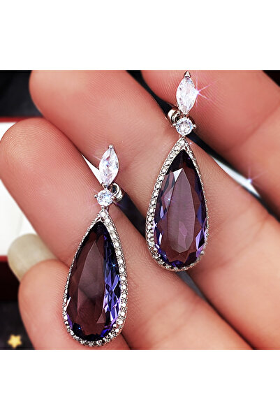 Choice أقراط متدلية على شكل دمعة كبيرة من حجر الزركونيا المكعب الأرجواني من ه...