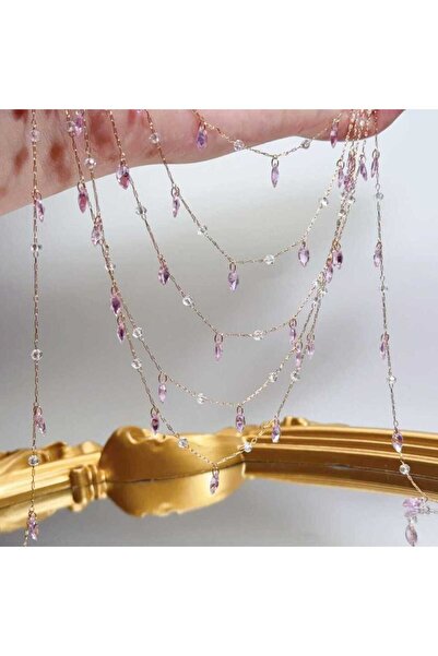 Choice سلسلة من قلادة كريستال الزركون الوردي البنفسجي بطول متر واحد، لون ذهبي...
