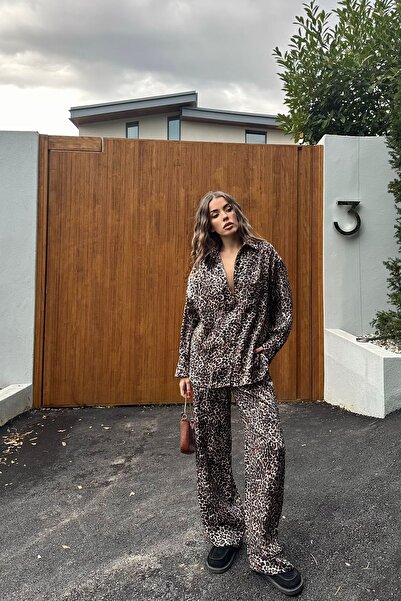 Trend Alaçatı Stili Women's Black Leopard Print Shirt Pants Bottom Top Set Vs...