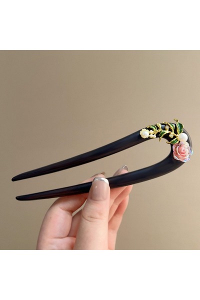 Choice النمط ب: دبوس شعر خشبي على شكل حرف U بنمط صيني جديد مزين بالزهور، زي هانفو تشيباو القديم، ضفيرة شعر يومية