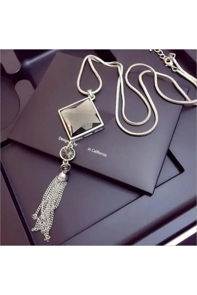 Choice قلادة فضية مربعة أنيقة بتصميم بجعة وندفة ثلج، سلسلة طويلة مزينة بشرابة...