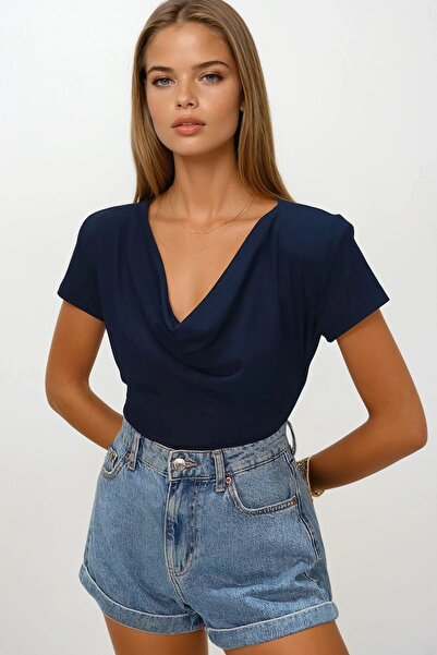 Trend Alaçatı Stili Bluză tricotată căptușită pentru femei, albastru bleumari...