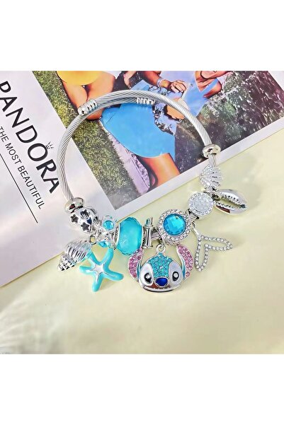 Miniso طقم سوار وقلادة مرصعة بأحجار الراين بتصميم ستيتش الكرتوني اللطيف، مجوهرات عصرية رائعة.