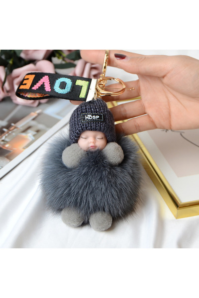 Choice gray Pompom Sleeping Baby Keychain Cute Fluffy Plush Doll Keyholder Wo...