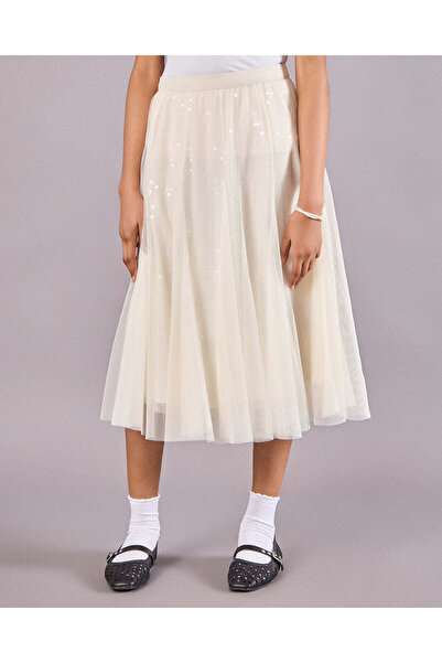 REDTAG Senior Girls Cream Sequins Tulle Skirt