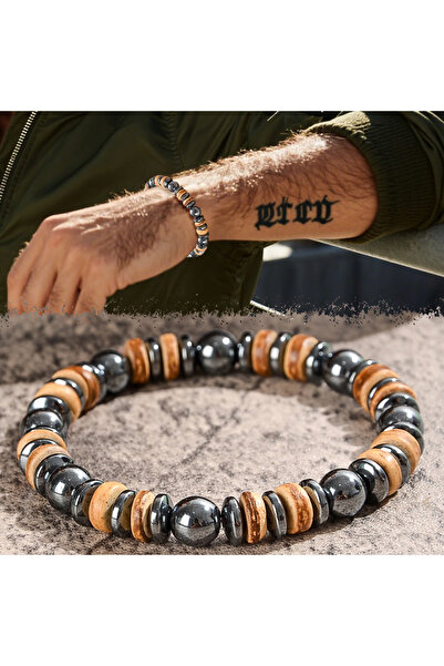 Choice style B Men's Lava and Wood Bead Bracelet, Embellished with Hematite, ...