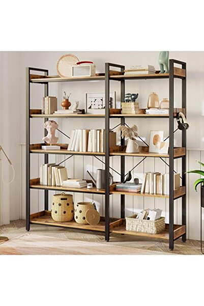 Garvee Bookshelf 5 Tier with 4 Hooks,165cm Industrial Wooden Bookcase with Open Shelves Metal Frame