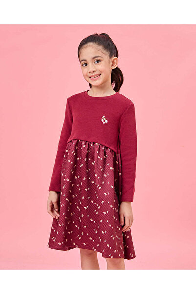 REDTAG Girls Burgundy Floral Print Dress