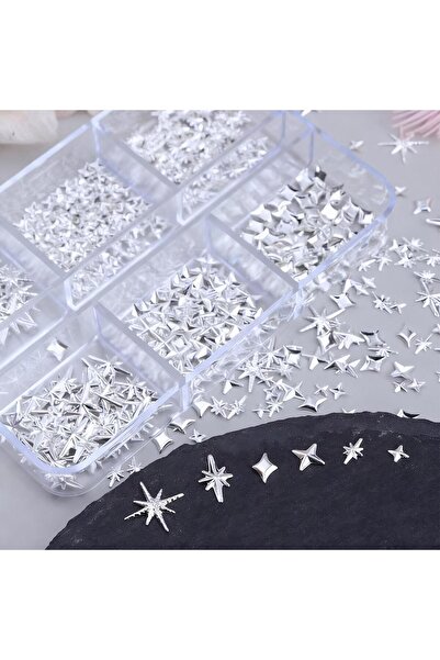 Choice 2 6Grids 3D Silver Y2K Star Cross Nail Charms Irregular Metallic Starl...