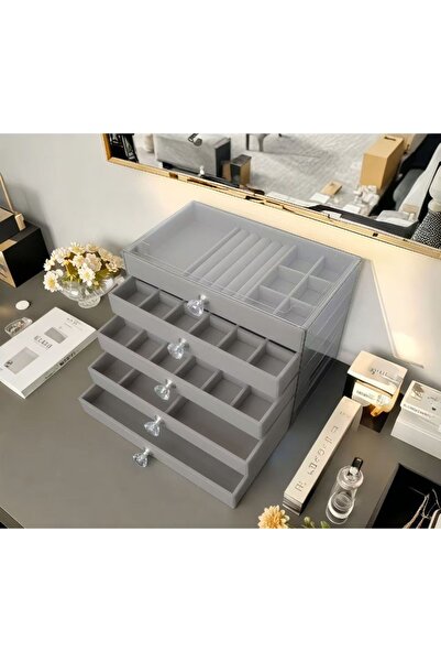 Choice صندوق مجوهرات رمادي جديد فاخر من 5 طبقات، لون رمادي، صندوق تخزين للأقر...