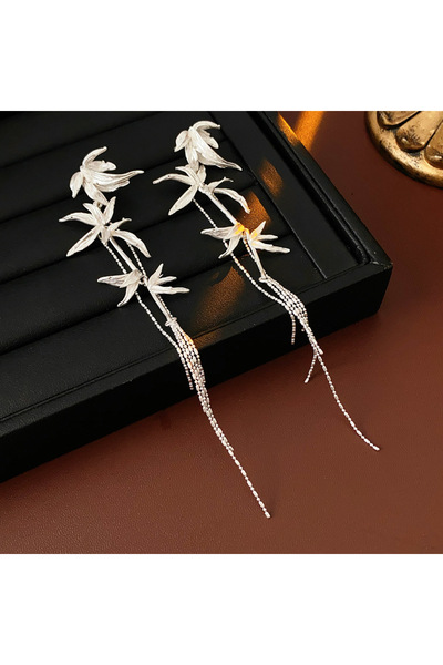 Choice Silvery 2025 New Chinese Style Bamboo Leaves Long Tassel Drop Earrings...