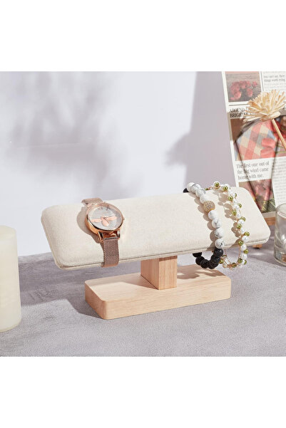 Choice حامل عرض ساعات خشبي مخملي بيج، حامل أساور على شكل حرف T، منظم مجوهرات،...