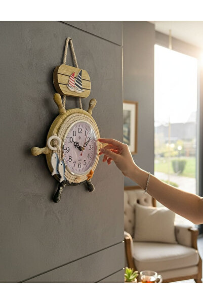 home inn Marine Rudder Design Decorative Wall Clock |   Rope Detailed Sea Themed Clock 30X23 cm